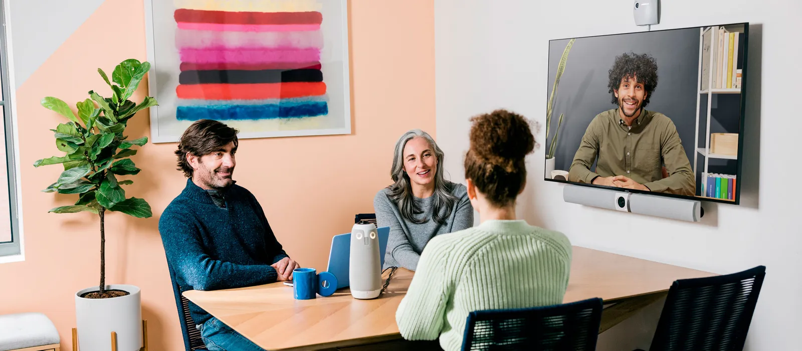 Conference room set up for a hybrid meeting