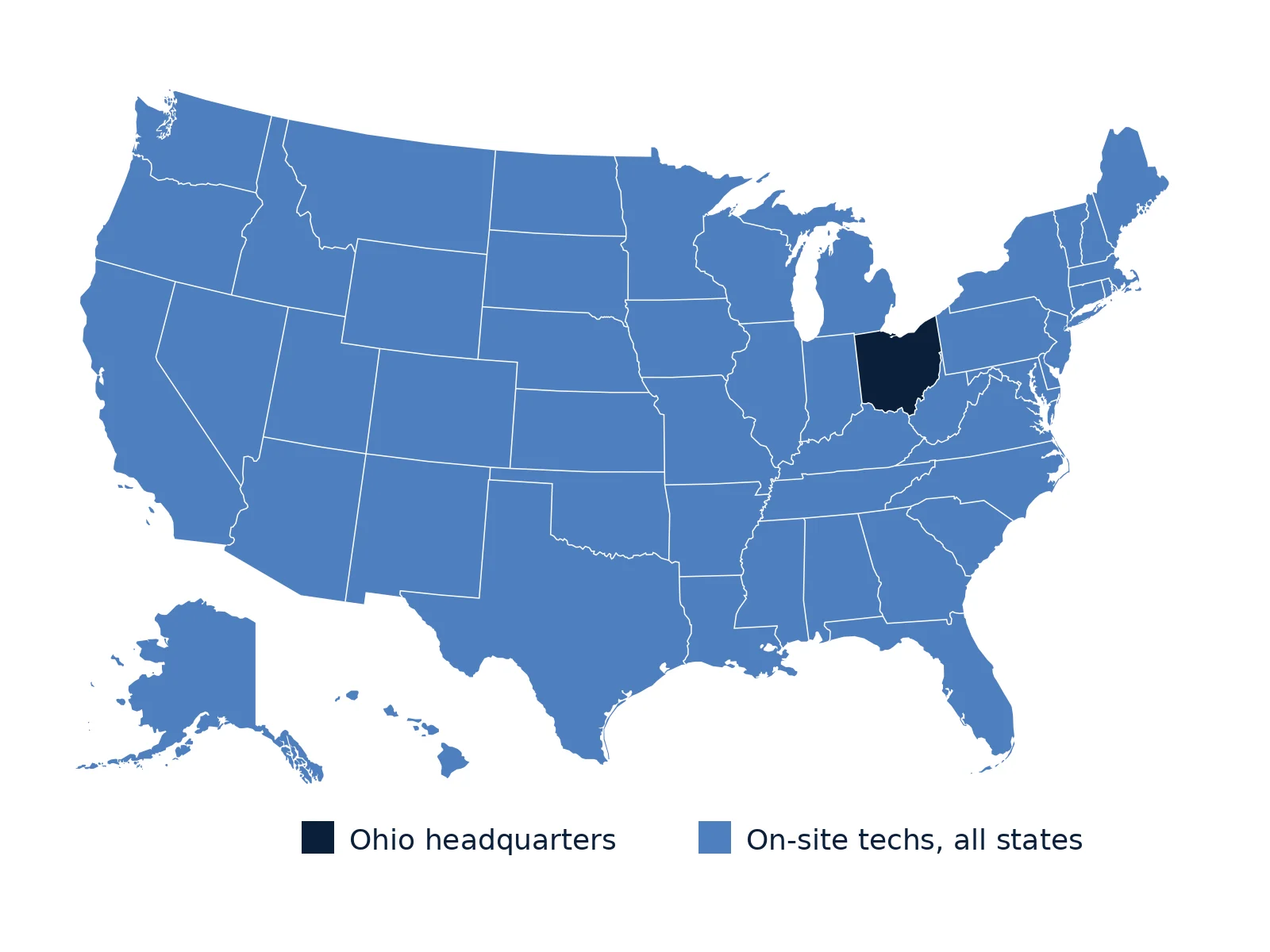 Map of the United States: on-site techs in every state, headquarters in Ohio